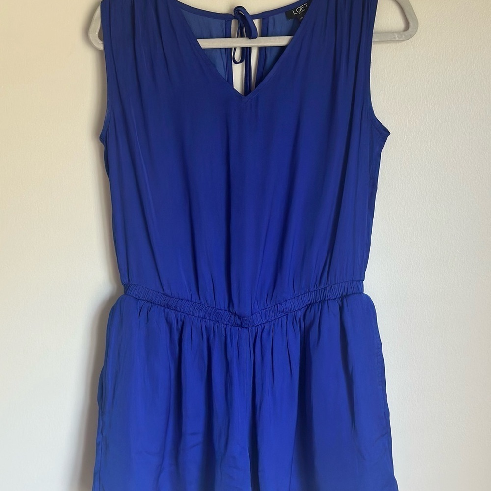 Ann Taylor Loft Silky Romper XXS Petite Royal Blue VNeck Open Back Shorts Dressy - Picture 3 of 10